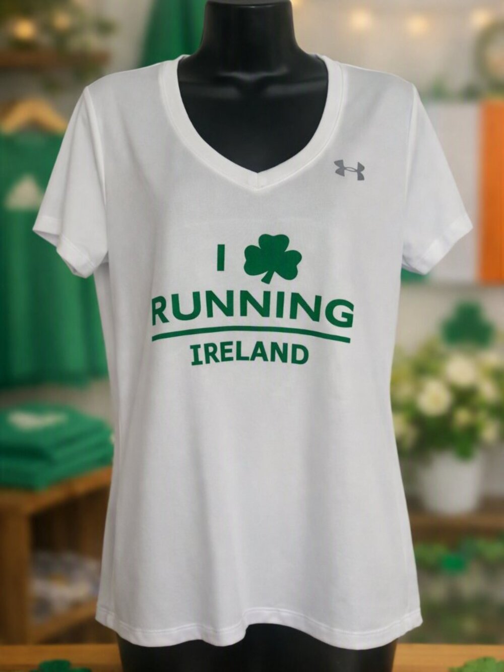 Under Armour White V-Neck 'I Love Running Ireland' Performance Tee Shamrock